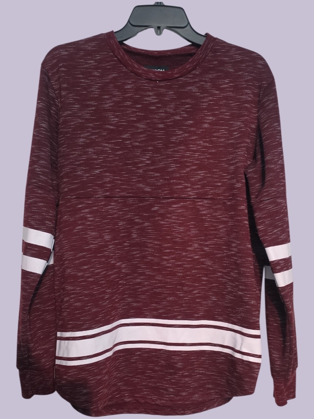 Carbon Maroon Space-Dye Crewneck Sweater with White Stripe Accents